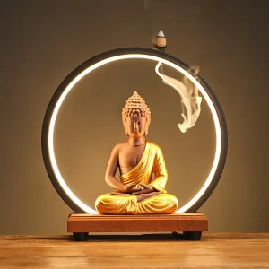 New Ceramic Backflow Incense Burner Holder Buddha Statue LED Lamp